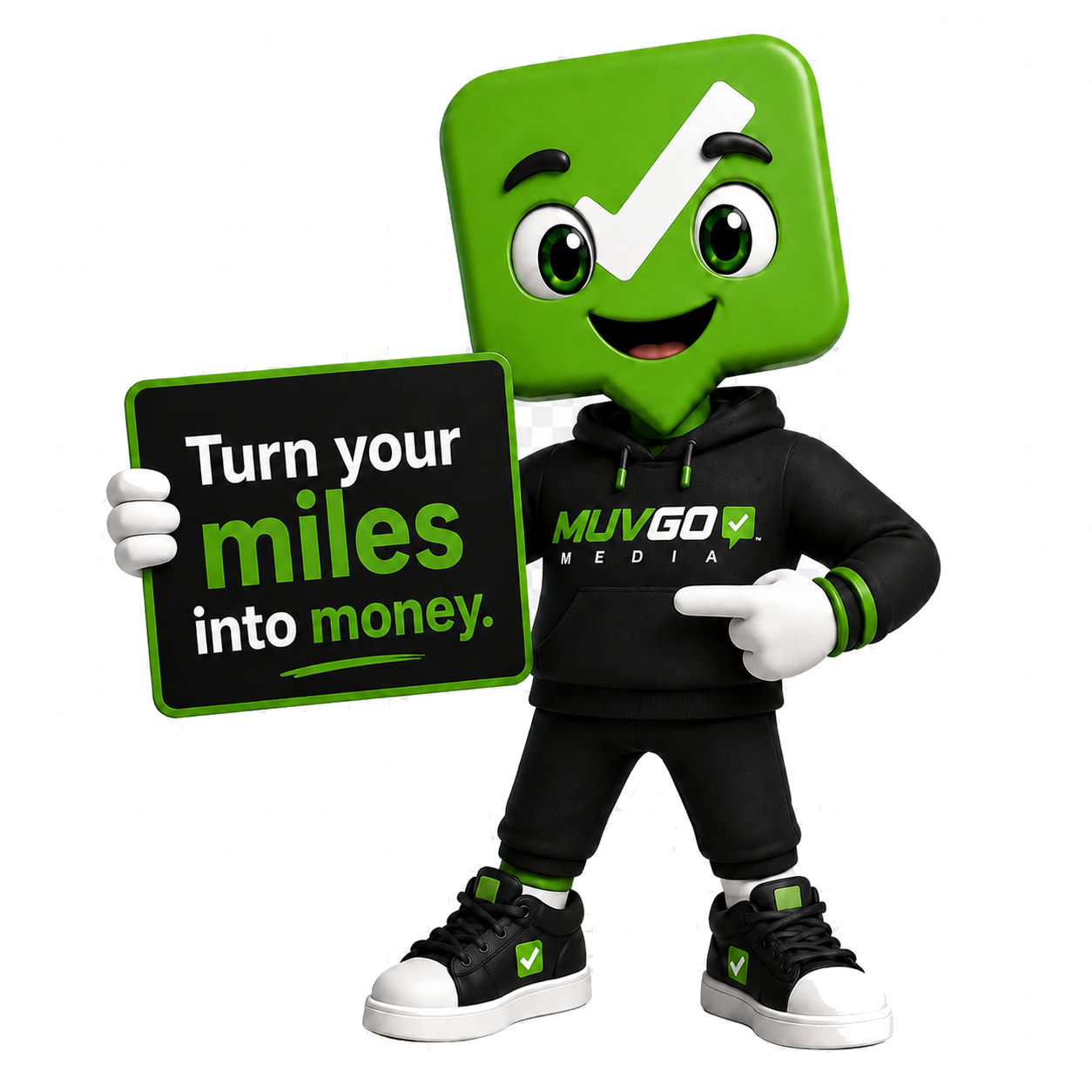 Muv, the MUVGO Media mascot, presenting the mobile advertising opportunity