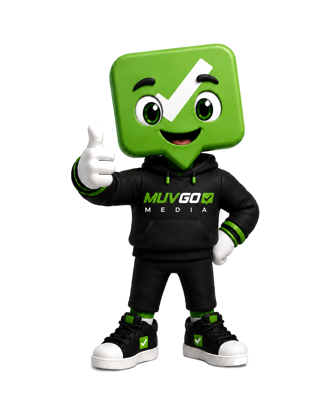 Muv, the MUVGO Media mascot, giving a sign of approval