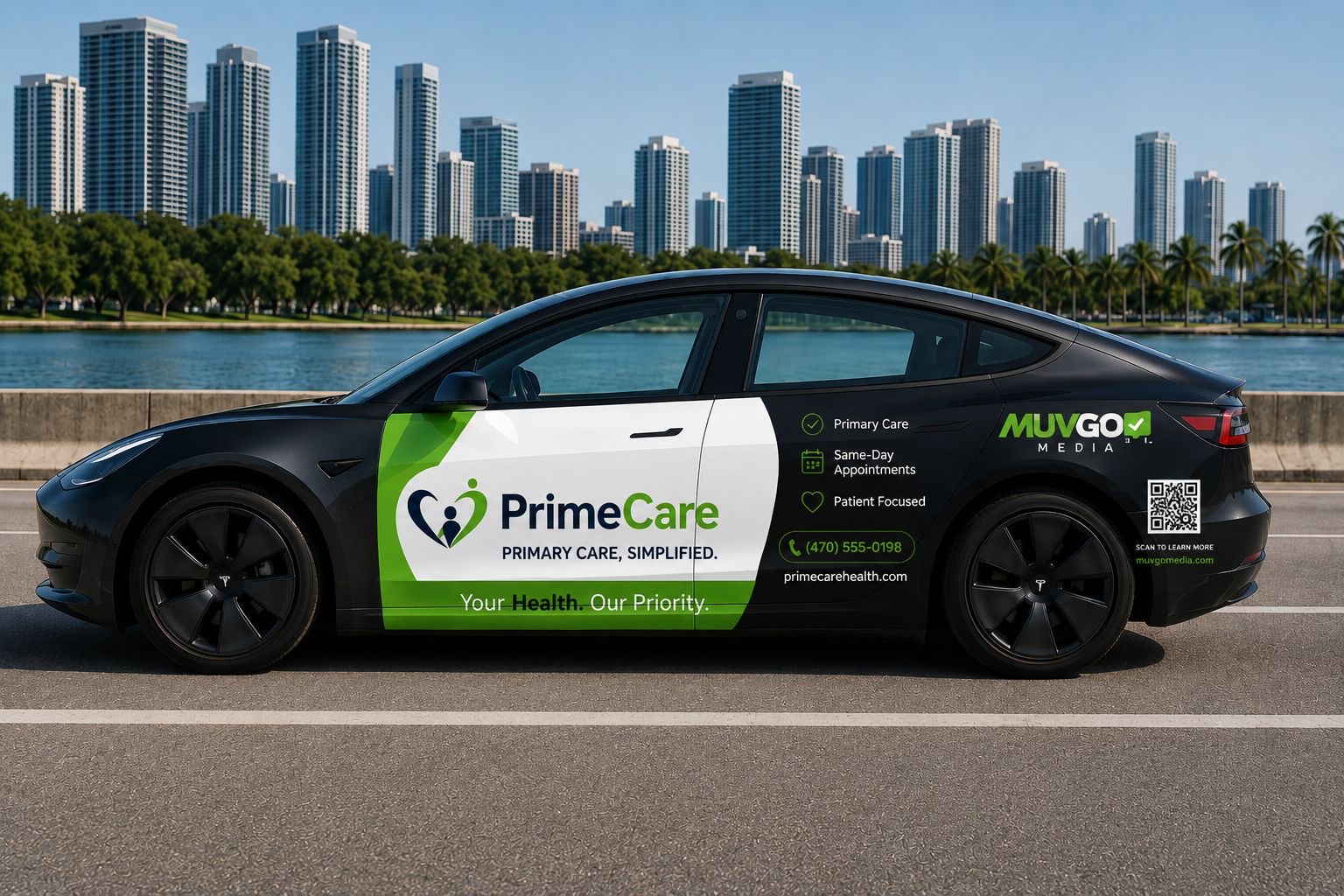 A MUVGO Media Tesla carrying a PrimeCare campaign through Atlanta